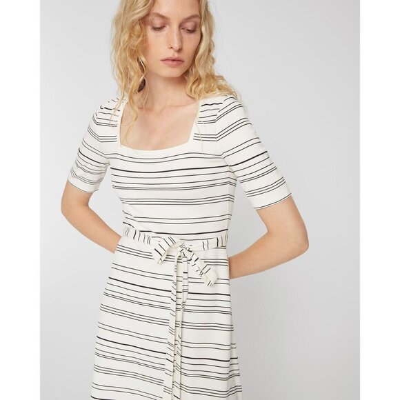 Club Monaco Size M Black White Egret Striped Square Neck Asymmetrical Midi Dress - Picture 2 of 16